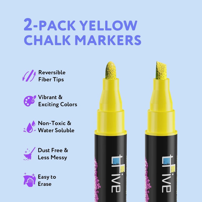 TFIVE Yellow Liquid Chalk Markers - 2 Pack Bright Colors Erasable Chalk Marker Pens, Reversible Tip, Non-Toxic, for Chalkboards, Signs, Glass, Easy to use Chalk markers TF800 - Image 2